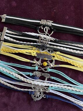 Lot of 5 Charm Wrap Bracelets w/ Organza Gift Bag Auntie Jesus